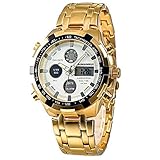 Uzanesx Doppelbewegungs-Uhr-Mann-Kalender-Quarz-Uhr-Geschäfts-leuchtende Uhr-wasserdichter Stahlgürtel (Color : Gold*White)