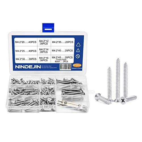 nindejin 212pcs 304 Edelstahl Flach Kopf selbstschneidenden Schraube Sortiment Kit Set mit Kreuz Batch, Größe: M4.2