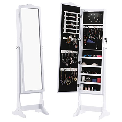 LANGRIA Schmuckschrank Abschließbar Spiegelschrank mit LED-Leuchten, 5 Regale Aufbewahrung für Ringe, Ohrringe, Armbänder, Broschen, Kosmetik (Weiß)