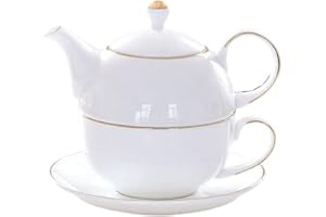 EPLZE YBK Tech - Set da tè in ceramica per una persona, teiera da 350 ml e tazza da 232,5 g con piattino, colore: bianco