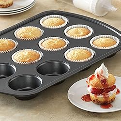PINDIA Premium Grey Aluminium 12-Slot Cup Shape 3D Nonstick Muffin, Cup Cake Pan, Mould Non Stick Baking Pan Bakeware moulds for Muffins Cupcake desserts pastries tart pie-dishwasher safe - (Medium Size)