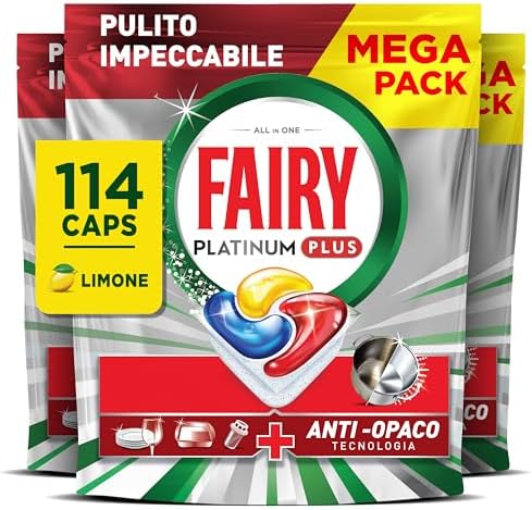 Pastiglie Per Lavastoviglie Fairy Platinum Plus Tutto In Uno Limone, 114 Capsule, La Migliore Pulizia Fairy Come Nuovo, Rimuove L’opacità E Previene Il Calcare