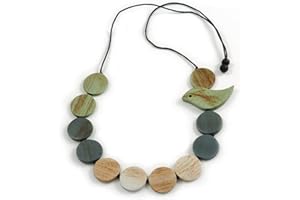 Avalaya Mint/Grey/Antique White Wooden Coin Bead and Bird Black Cotton Cord Long Necklace/ 96cm Max Length/Adjustable