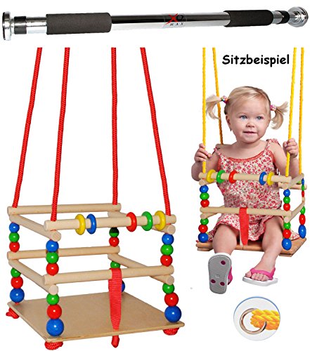 Schaukel aus Holz + Türreck - Gitterschaukel - mit Gurt / Kinderschaukel - leichter Einstieg ! - mitwachsend & verstellbar - Babyschaukel - verstellbare Kleinkindschaukel - Holzschaukel Baby Kinder - Holzgitterschaukel für Innen und Außen - Indoor Outdoor - mit Sicherheitsstäben / bunte Stäbe - Holzbabyschaukel - Garten oder im Haus - Reck für Türrahmen Befestigung - Stange - Türstange