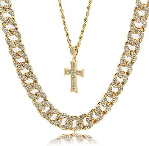 L & L NationMens 14k Gold Plated Curved Cross Pendant Hip Hop 24" Rope & 30" Cz Cuban Chain