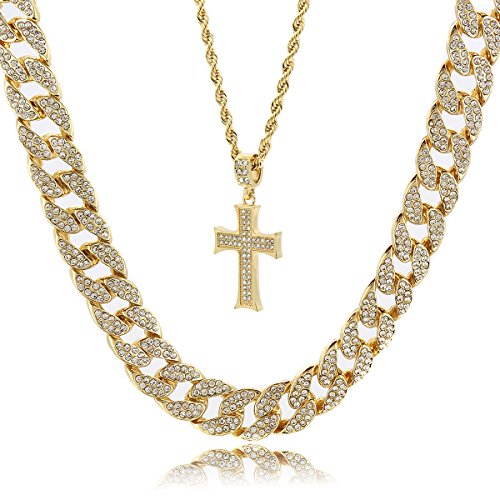 L & L NationMens 14k Gold Plated Curved Cross Pendant Hip Hop 24" Rope & 30" Cz Cuban Chain