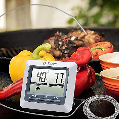 Habor Grillthermometer Bratenthermometer Ofenthermometer Barbecue Grill Thermometer digital Thermometer mit großen LCD Display, lange 304 Edelstahl Messfühler , 1m Kable und Count Down Timer, ideal für Garten Grillen, Backen, Ofen usw - 5