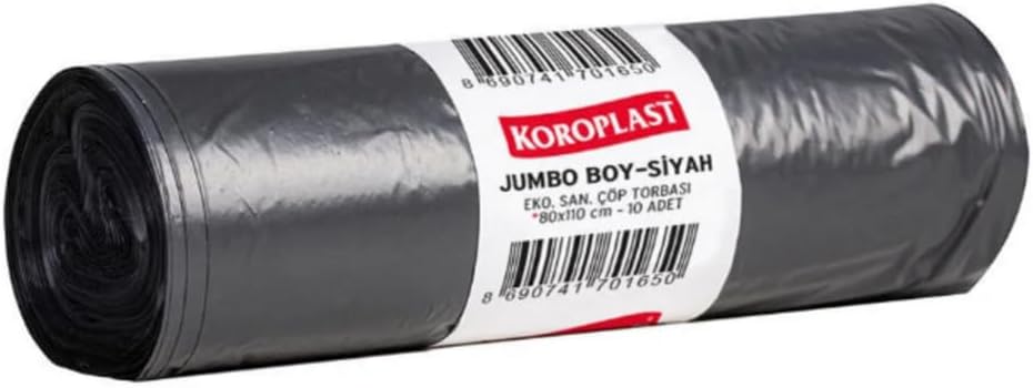 Koroplast Ekonomik Endüstriyel Çöp Torbası Jumbo Siyah 10’lu 80×110 cm, Yırtılmaya Dayanıklı, Jumbo Boy Çöp Poşeti, Çİft Katlı, Geri Dönüştürülebilir, Fabrika, İnşaat, Depo, Kafe, Otel, Hastane, Bahçe