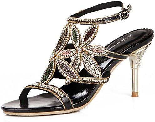 crystal sandals women diamond handmade thin high heels leather night club party strap buckle hollow evening banquet pumps shoes . black . 39