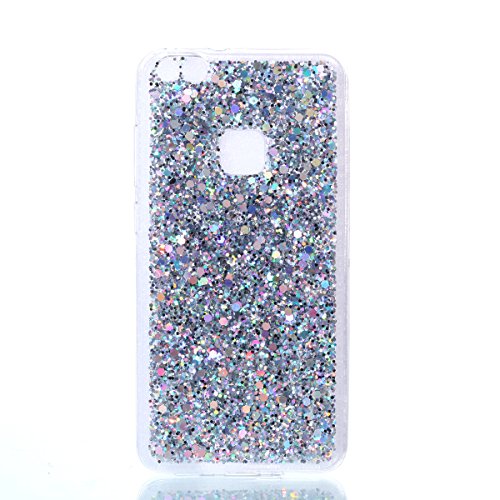 TPU Silikon für Huawei P10 Lite,Glitzer Handyhülle für Huawei P10 Lite,Funyye Luxuriös Silber Glänzend Bling Pailletten Kristall Durchsichtig Rahmen Shinning Glitter Gel Silikon TPU Hülle TPU Silikon Handytasche Weiche Rückseite Telefonkasten für Huawei P10 Lite + 1 x Frei Displayschutzfolie - 2