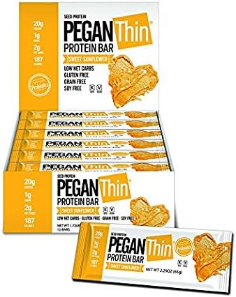 Pegan Thin® Protein Bar (Sweet Sunflower Butter) 12 Bars (20g Plant Protein) (2 Net Carbs 1g Sugar) VeganⓋ