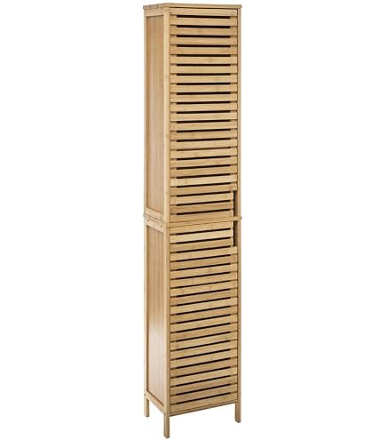 Meuble De Salle De Bain étroit 4 étagères - 37,5x40x150 Cm, Bois Naturel, Portes Avec Poignées Métal
