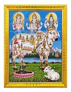 Koshtak kamdhenu Cow with Brahma Vishnu Mahesh/Shiva Giving Blessing Photo Frame with Laminated Poster for puja Room Temple Worship/Wall Hanging/Gift/Home Decor (30 x 23 cm)