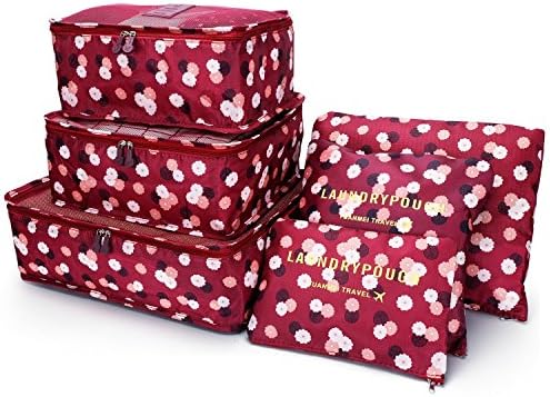 LSCY Pack of 6 Packing Cubes Compression Travel Luggage Organizer Clothes Storage Bag Travel Pouch Laundry Bags (Red Flowers)