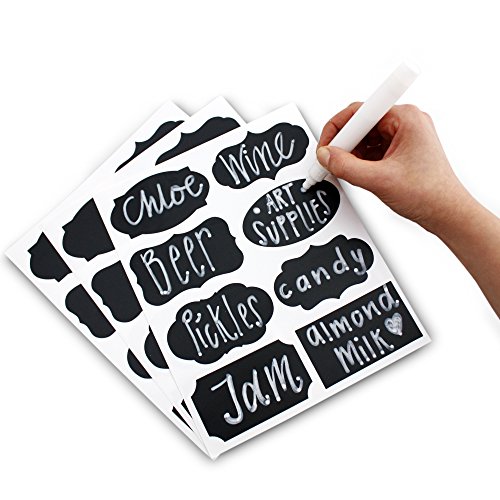PrimeFolksCo. Tafeletiketten Aufkleber Set 48x Etiketten zum Aufkleben inklusive flüssigem Kreidemarker-Stift 8 verschiedene, angesagte Designs Perfekt für Marmeladengläser, Bier, Wein, Aufbewahrung und mehr