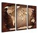 Produktbild LANA KK - Weltkarte Leinwandbild „Worldmap Antik” - Englisch - Kunstdruck-Pinnwand auf Echtholz-Keilrahmen – Globus in Braun, dreiteilig & fertig gerahmt in 120x80cm