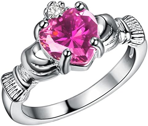 WIBERN Silver Fashion Jewelry Claddagh Pink Moonstone Band Heart Cubic Zirconia Crystal Charm Ring for Women (Pink, P 1/2)