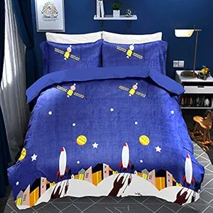 NEW LEAF Glace Cotton 160 TC Kids Printed Double Bed Sheet with 2 King Size Pillow Covers (6X7 feet Bed, Blue Grey Rocket in Space) ?????? ??? ???