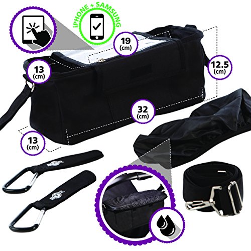 BTR Buggy und Kinderwagen Organizer, Exklusive Smartphone-Tasche und Handy Halter & wasserfester Regenschutz. PLUS 2 Kinderwagen Clips. Unverzichtbares Kinderwagen-Zubehör - 2