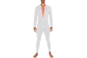 Caxndycing Mono de una pieza para hombre, ropa interior térmica monocolor, ropa interior elástica, manga larga, camiseta interior, mono con botones, para adultos, pijama para hombre