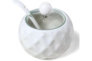 Chase Chic Azucarero Cerámica, Porcelana Azucarero Moderno con Tapa de Vidrio Transparente y Cuchara 8.8oz/250ml en Forma de Diamante Blanca, Adecuado para Cafetería, Restaurante, Cocina