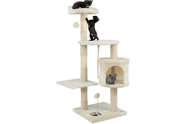 lionto Arbre à Chat avec 2 balles en Peluche & Corde de Jeu, Hauteur 112 cm, avec Corde en sisal & Peluche, Surface de Repos & Grotte, Support Mural Inclus, pour Petits & Grands Chats, Beige/Blanc