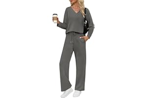 VUTRU Damen Zweiteiler Trainingsanzug Elegant Baumwolle Rundhals Jogginganzug Langarm Tshirts und weite Hose mit Taschen Sport Anzug für Damen
