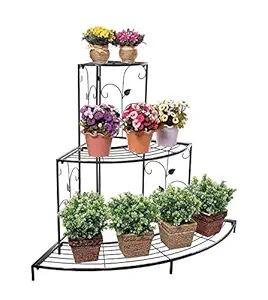 S.F. Decor 3-Tier Iron Plant Stand Floral Corner Shelf Metal Flower Pot Rack Stair-Step Style || 30 INCH || (Black, 1)