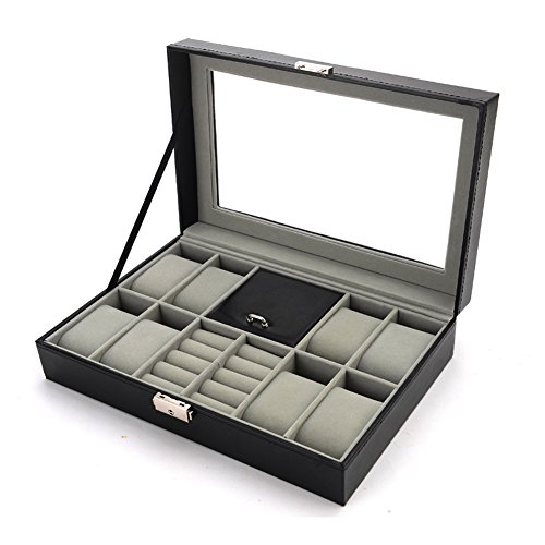 DoubleBlack Faux Leather Watch Box for 8 Watches, Cufflinks and Rings with Glass Top