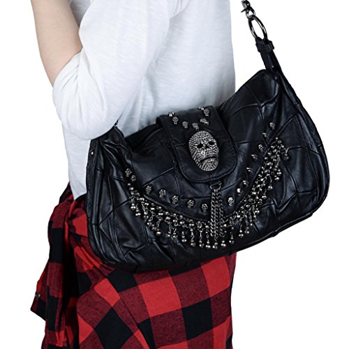 Yaluxe Women's Skull Studded Lambskin Leather Shoulder Bag Cross Body Handbag Black
