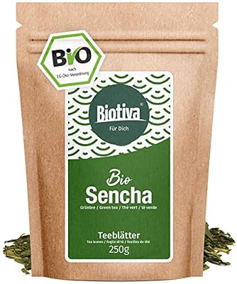 Biotiva Thé vert Sencha organique (250g) -Style Japonais Sencha - doux, légèrement herbacé, hors sec et floral - certificat Fairbiotea - Emballé en Allemagne - 30 ans d'expérience