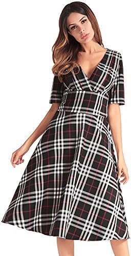 SJMM Spring and Summer, European and American Grid V Collar Dresses,Black,XL