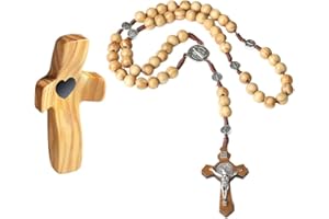 TTPSRY 2 Pezzi Croce Murale Cuore Intagliato Rosario Cattolico Perline Legno Naturale Collana Preghiera Medaglione Benedettino Decorazione Religiosa