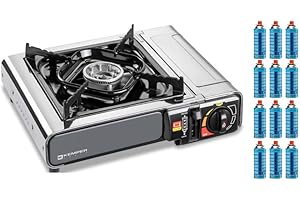 KEMPER - Réchaud à gaz INOX 2200W + 12 Cartouches gaz Allumage piezo Sécurité Insert gaz