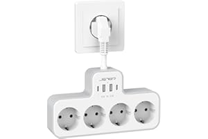 JSVER Regleta Enchufe Con 4 Tomas y 4 Puertos USB (2 USB A, 2 USB C) - Regleta Eléctrica 3680W 16A Para El Hogar, La Oficina y Los Viajes - Blanco