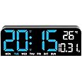 Tetpino plastic Digital Wall Clock with Large Display,LED Digital Clock with Auto Dimmer,12/24H Format,DST,Date,Week,and Temperature Display,Electric Wall Clock for Home,Office,and School (Blue)