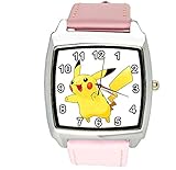 taport Pikachu Pokemon Square Quarzuhr pink Leder Band + Gratis Ersatz Batterie + Gratis Geschenkverpackung