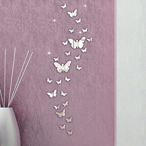 Longra Wandaufkleber 30 PCS Schmetterling Kombination 3D Spiegel Wand Aufkleber Home Dekoration DIY Wandtattoo Wandsticker (SILVER)
