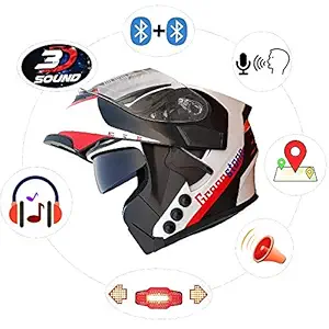 Green Stone G6 Flip-Up Best Smart Dual Bluetooth Helmet with Brake/Indicator Light & Voice Assistance Medium 580mm- White & Red