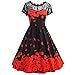 Produktbild Elecenty Vintage Partykleid Damen,Reizvolle Spitze Patchwork Blumenmuster Swing Kleider Frauen Sommerkleid Kurzarm Kleid Abendkleider Cocktailkleid Hochzeitskleider (L, Rot)