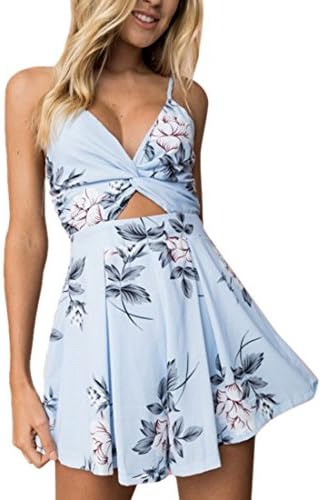 Xsiapas Women Jumpsuits Light Blue Floral Printing Adjustable Straps Bowknot Sleeveless Short Pants Jumpsuits High Waist Casual Beach Wear Playsuits Jumpsuit