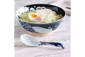 Yamako Bol japonais en céramique de ramen avec cuillère à soupe Renge, poterie Mino-Yaki, grande taille 21cm 1.1L, motif baleine bleue, fabriqué au Japon