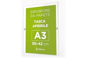 3DScube Espositore in plexiglass da parete, targa a tasca apribile in plexiglass, porta avvisi e depliant formato A3 verticale 30×42 cm, completa di borchie in alluminio