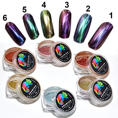 Mirror Chrome Chameleon Nail Pigment 1 Pot By CRYSTALUM® - Colour Changing Magic Nail Polish - Different Iridescent Look On Each Nail Colour - Suitable For Home / Professional Manicure & Pedicure - 1g Pack (6)