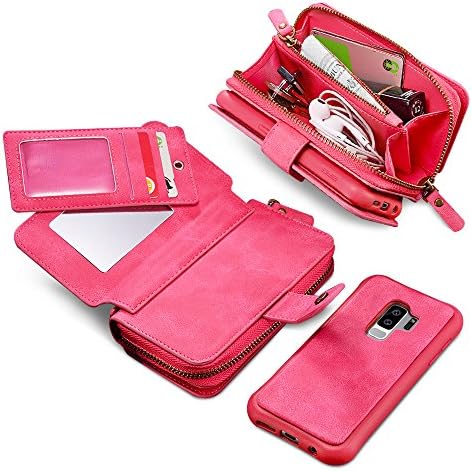 JGOO Galaxy S9 Plus Case, 2 in 1 PU Leather Huge Capacity 10 Card Slots Detachable Wallet Case,[Hidden Mirror & Zip Bag] Magnetic Separable TPU Back Cover for Samsung Galaxy S9 Plus,Rose Red