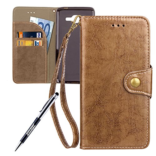 Galaxy J2 Prime Case, Galaxy J2 Prime Cover, JAWSEU [Shock-Absorption] Luxury Solid Retro Premium PU Leather Flip Cover for Samsung Galaxy J2 Prime Protector Skin with Soft Silicone Case Credit ID Card Slots Magnetic Closure Kickstand Strap Phone Pouch Smartphone Shell Protective Wallet Case for Samsung Galaxy J2 Prime G532 G532F SM-G532F + Stylus Pen - Khaki