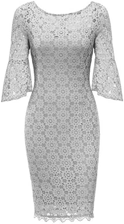 Gigileer Women's Floral Lace Bodycon Pencil Dresses 3/4 Trumpet Sleeve Dress Boat Neck Grey XL