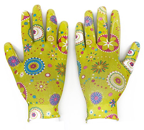 Gartenhandschuhe Arbeitshandschuhe Handschuhe mit Vollfinger Latexkratzer Beschichtung, Blumendruck, 1 Paar,Größe:8(M) - 2