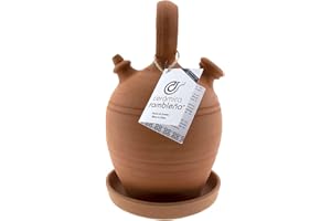 CR CERAMICA RAMBLEÑA CERÁMICA RAMBLEÑA | Botijo de Barro Rojo Tradicional asa Redonda Base Ancha de La Rambla (Córdoba) | 100% Hecho a Mano | 3 litros | Eco | Plato Incluido