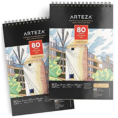 ARTEZA® ARTEZA Grand cahier dessin A4 (21,0 x 29,7 cm | 2 carnets avec 160 feuilles en tout | Carnet croquis de 80 pages | Papier sans acide haut grammage 130 g/m2 | Carnet dessin reliure spirale